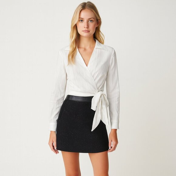 LOFT White on White Striped with Silver Lurex  collared Wrap Blouse  4 - Picture 1 of 5